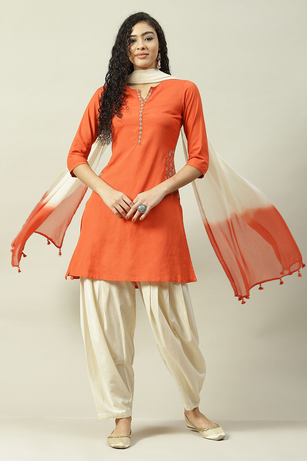 Orange Rayon Straight Kurta Slim Pant Suit Set image number 7