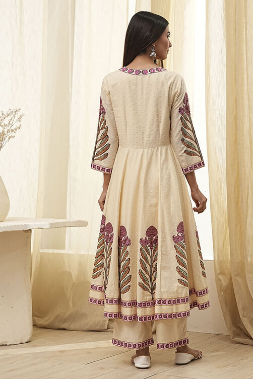 Beige Cotton Printed Anarkali Suit Set image number 4