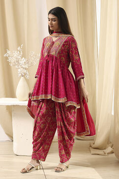 Fuchsia Viscose Floral Printed Peplum Suit Set image number 3