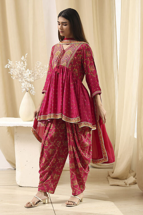 Fuchsia Viscose Floral Printed Peplum Suit Set image number 3