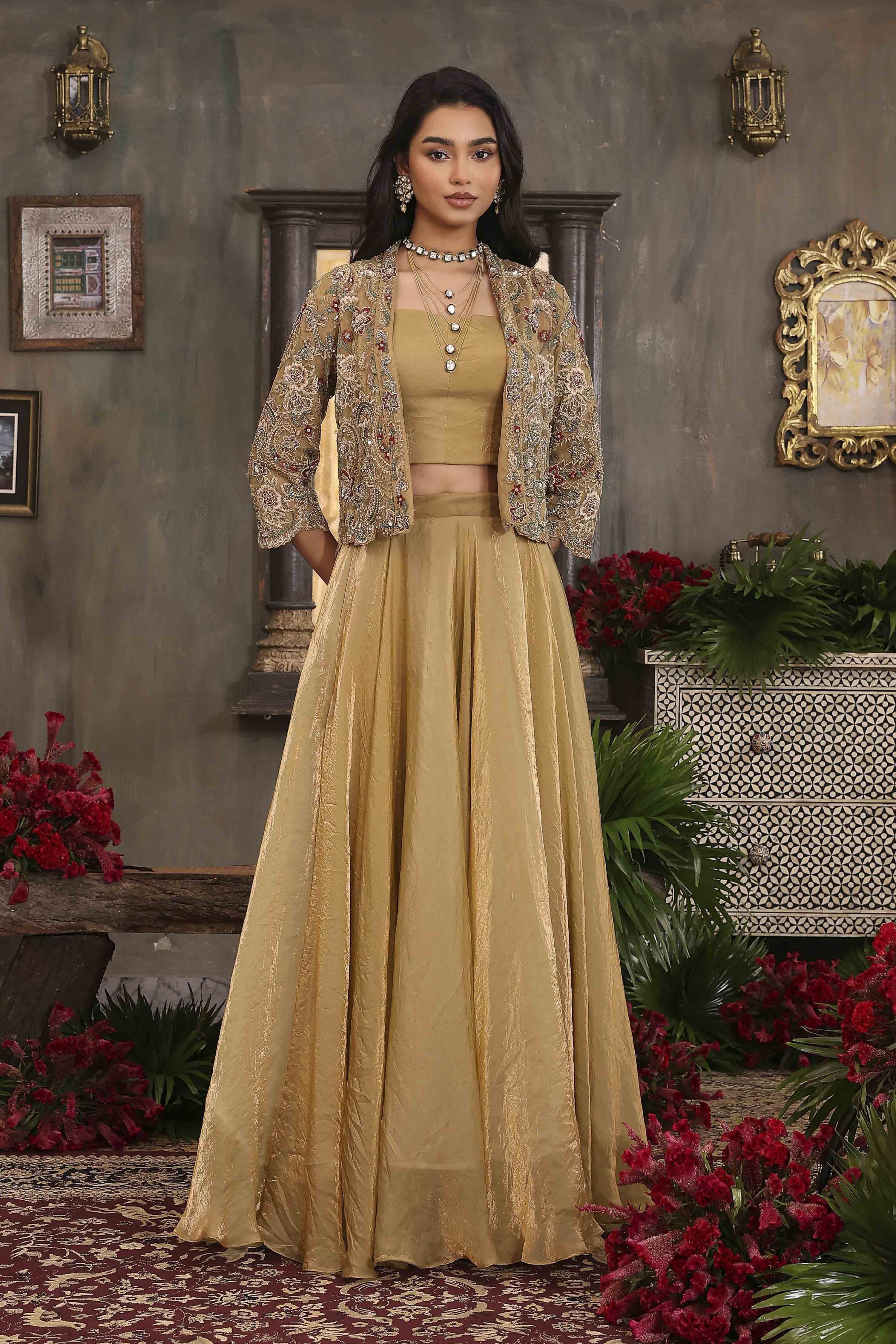 Gold Toned Art Silk Solid Lehenga Set With Jacket image number 6