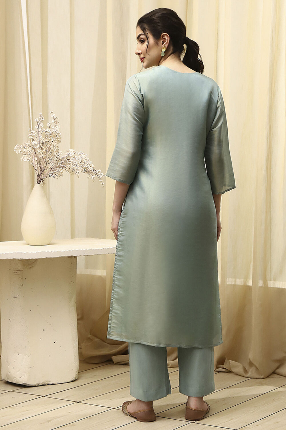 Teal Tissue Machine Embroidered Unstitched Suit Set image number 5