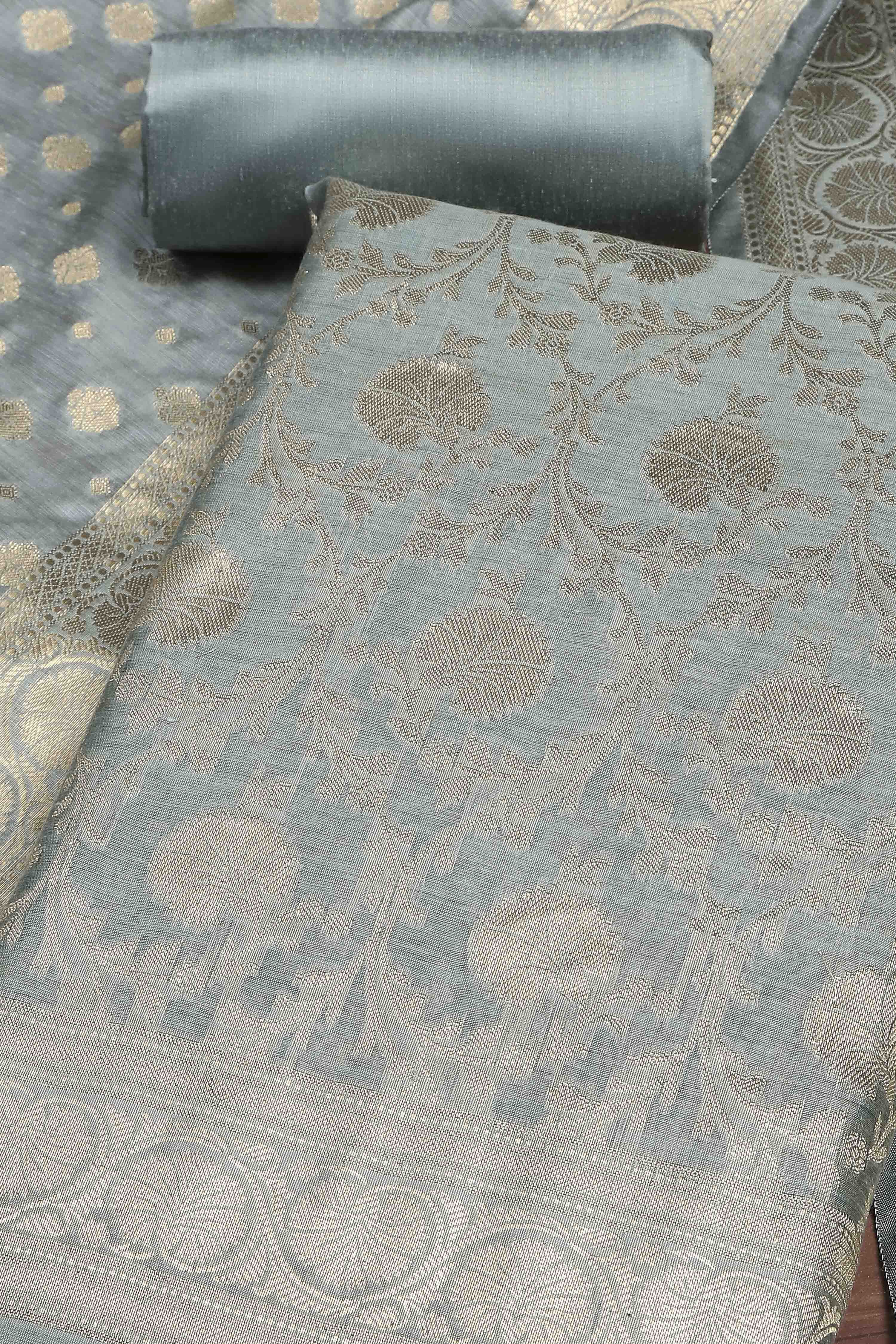 Dusty Mauve Banarasi Chanderi Banarasi Print Unstitched Suit Set image number 1