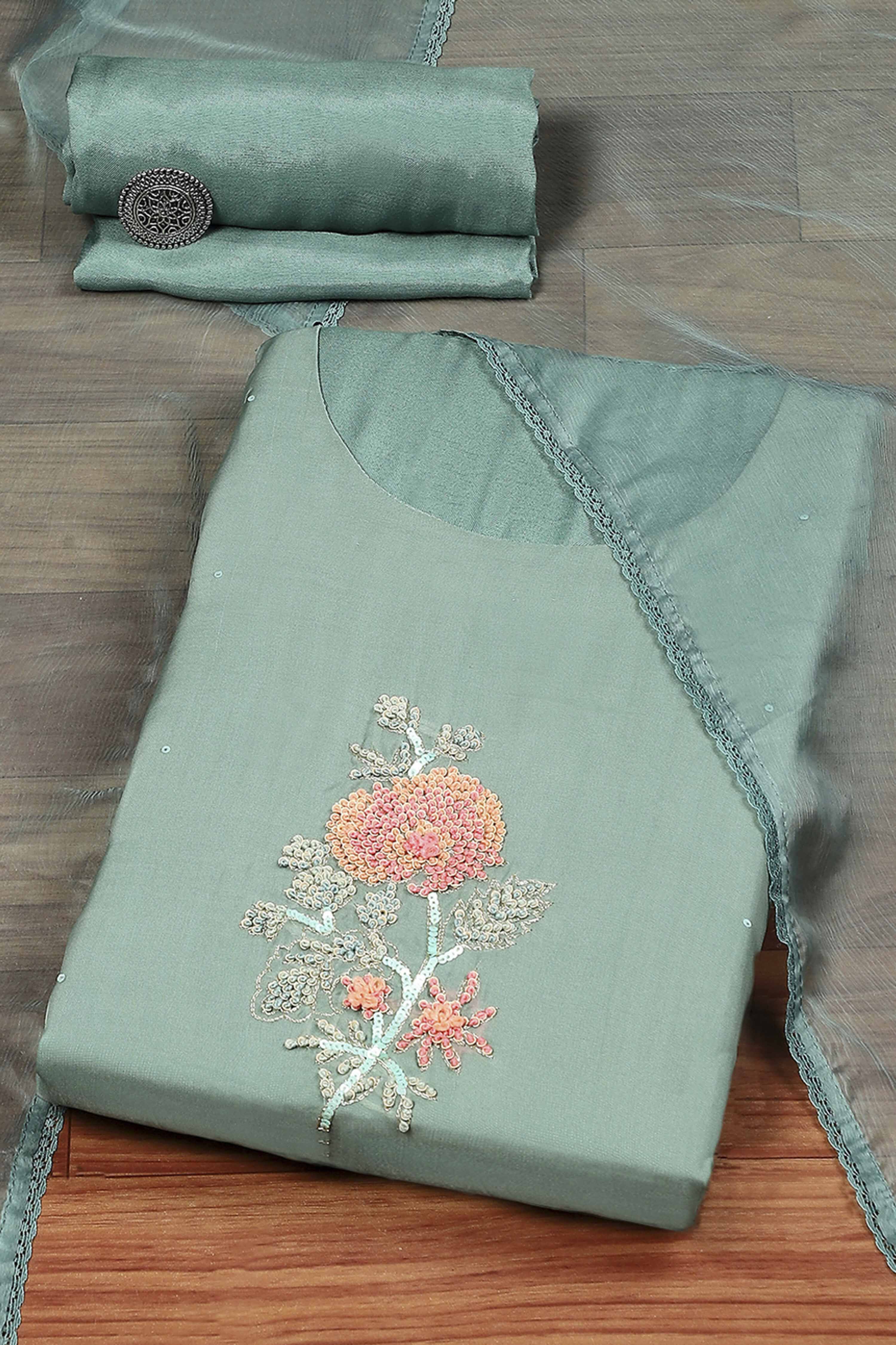 Dull Green Viscose Organza Hand Embroidered Unstitched Suit Set image number 0