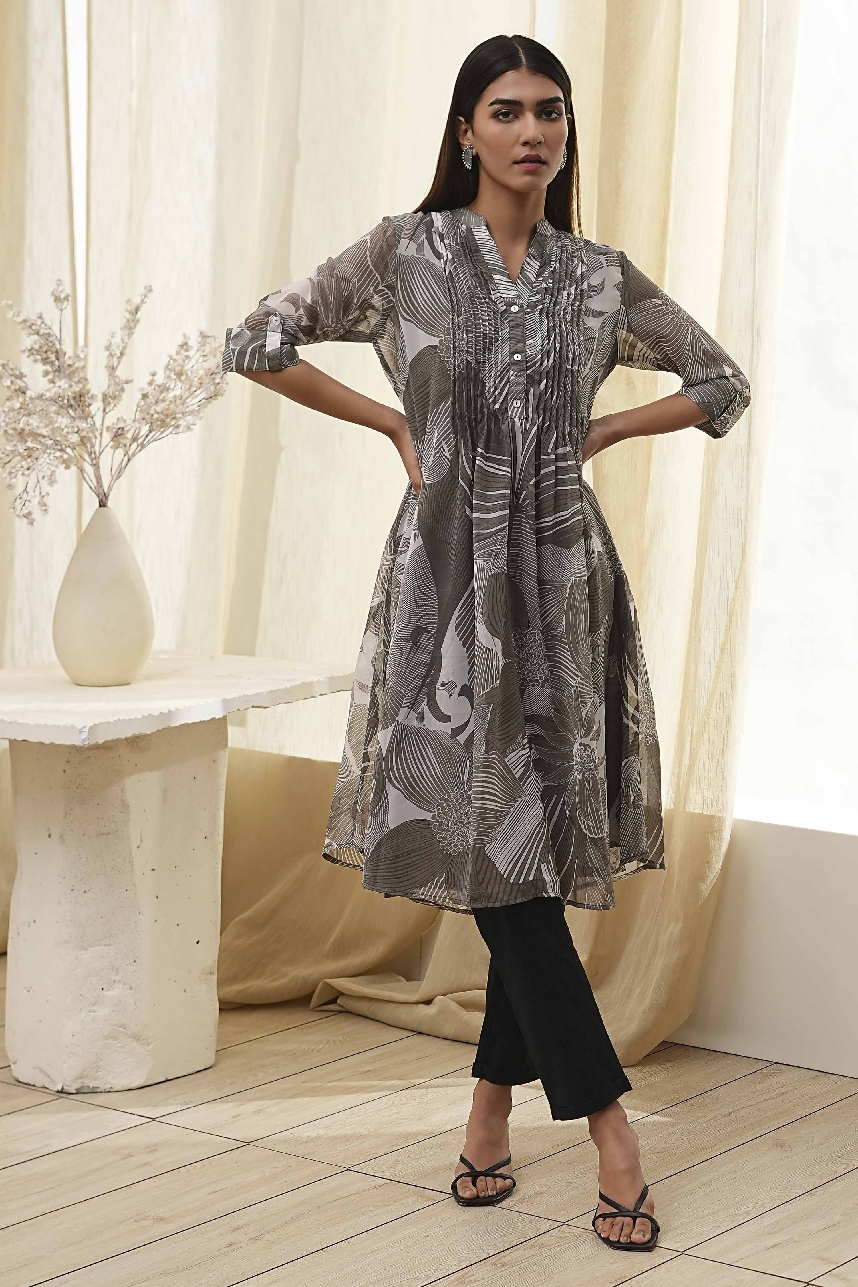 Grey Printed Pleated A-Line Kurta image number 0