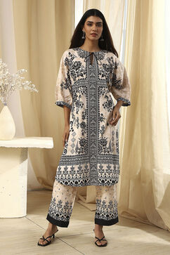Off-White and Black Pure Cotton Printed Kurta Set image number 6