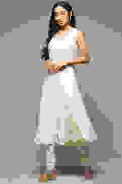 Off White Cotton Blend Layered Kurta Churidar Suit Set image number 2