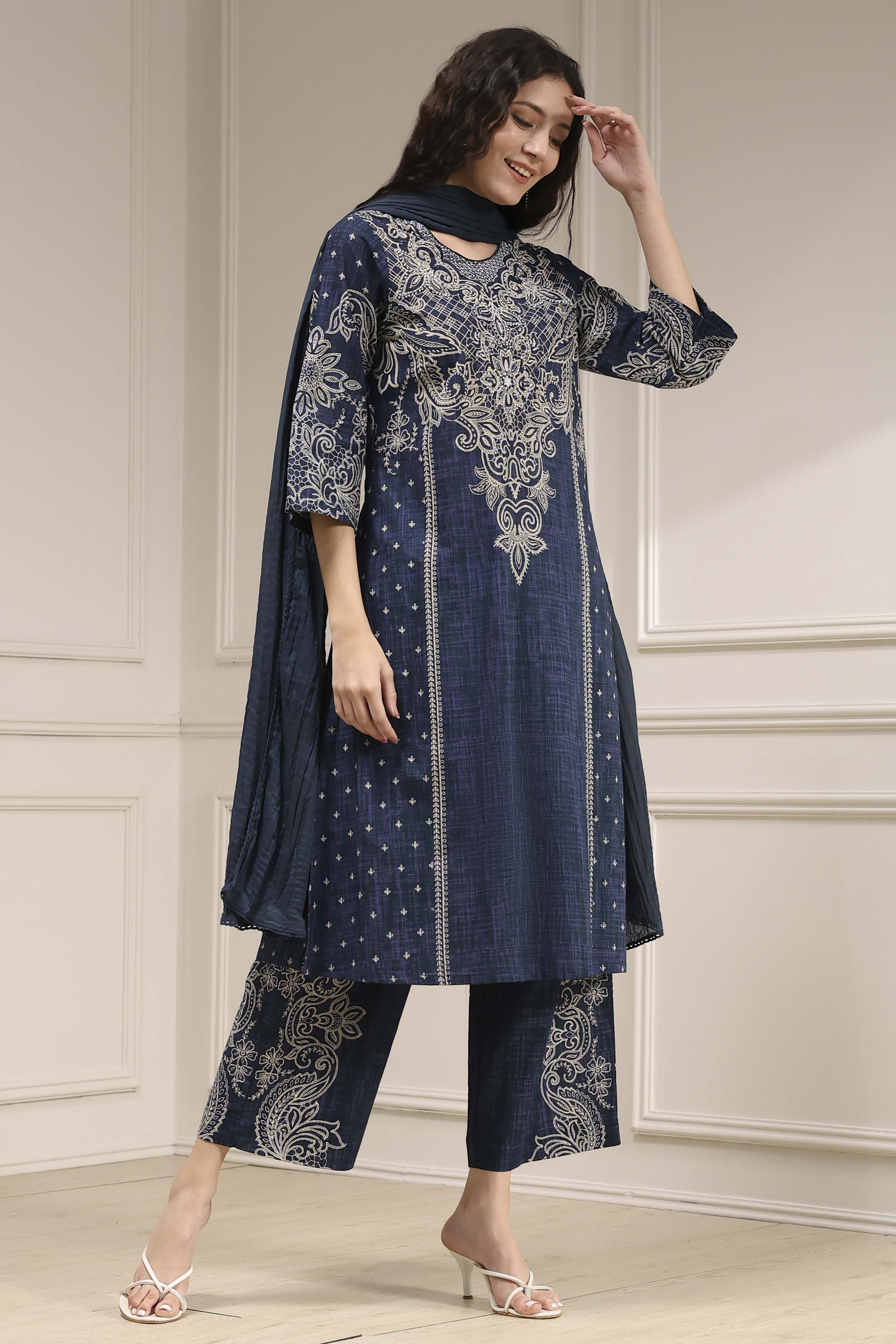 Blue Pure Cotton Printed Straight Suit Set image number 4