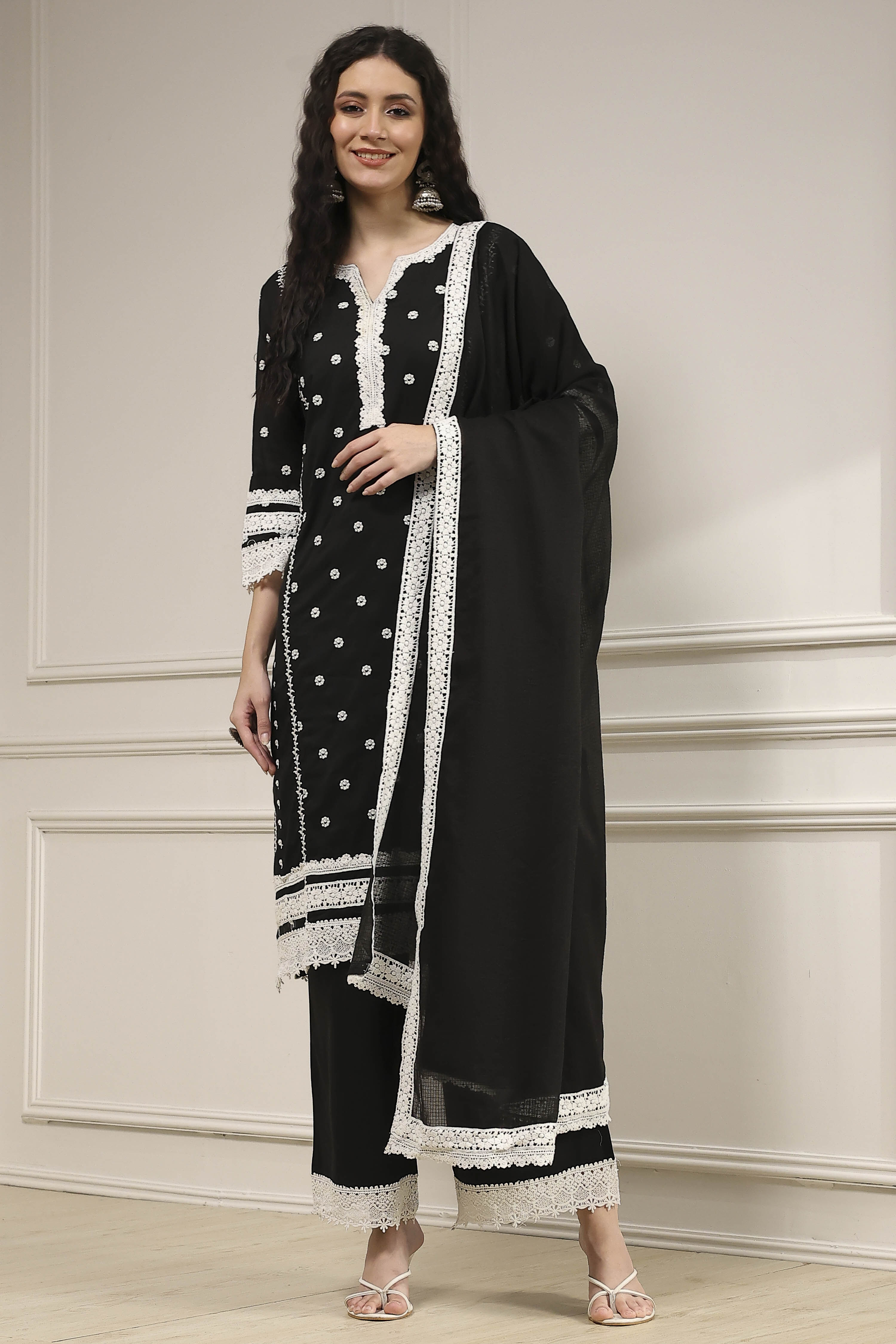 Black Chanderi Embroidered Straight Suit Set image number 6