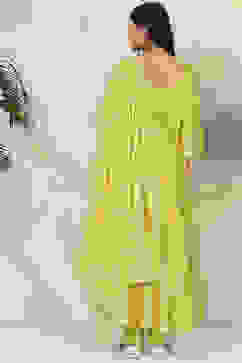 Lime Green Cotton Anarkali Kurta Churidar Suit Set image number 7