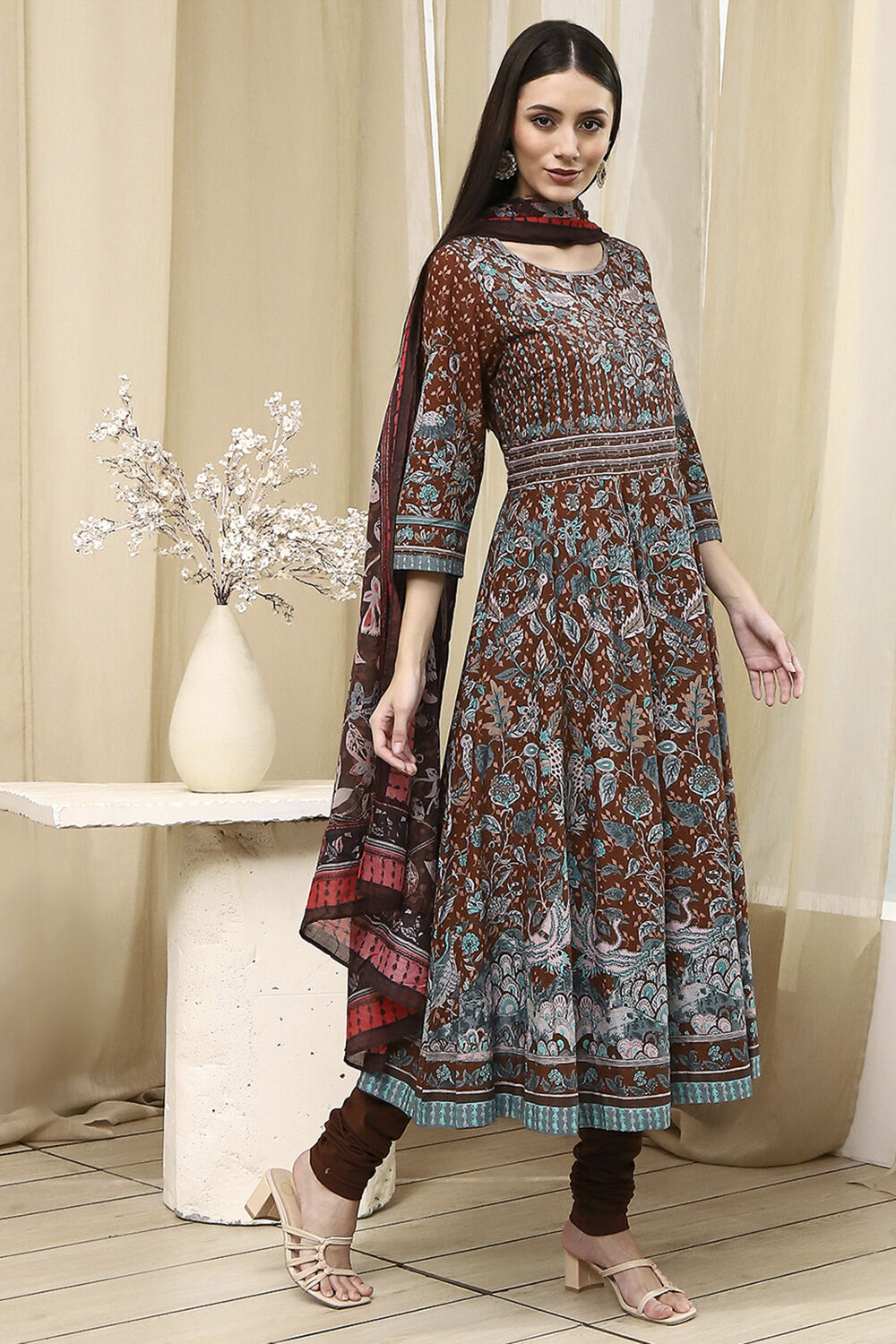 Brown Cotton Fitted Anarkali Suit Set image number 5