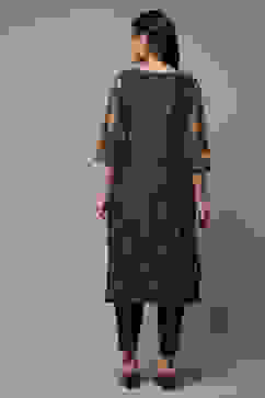 Black Cotton Straight Printed Kurta image number 2