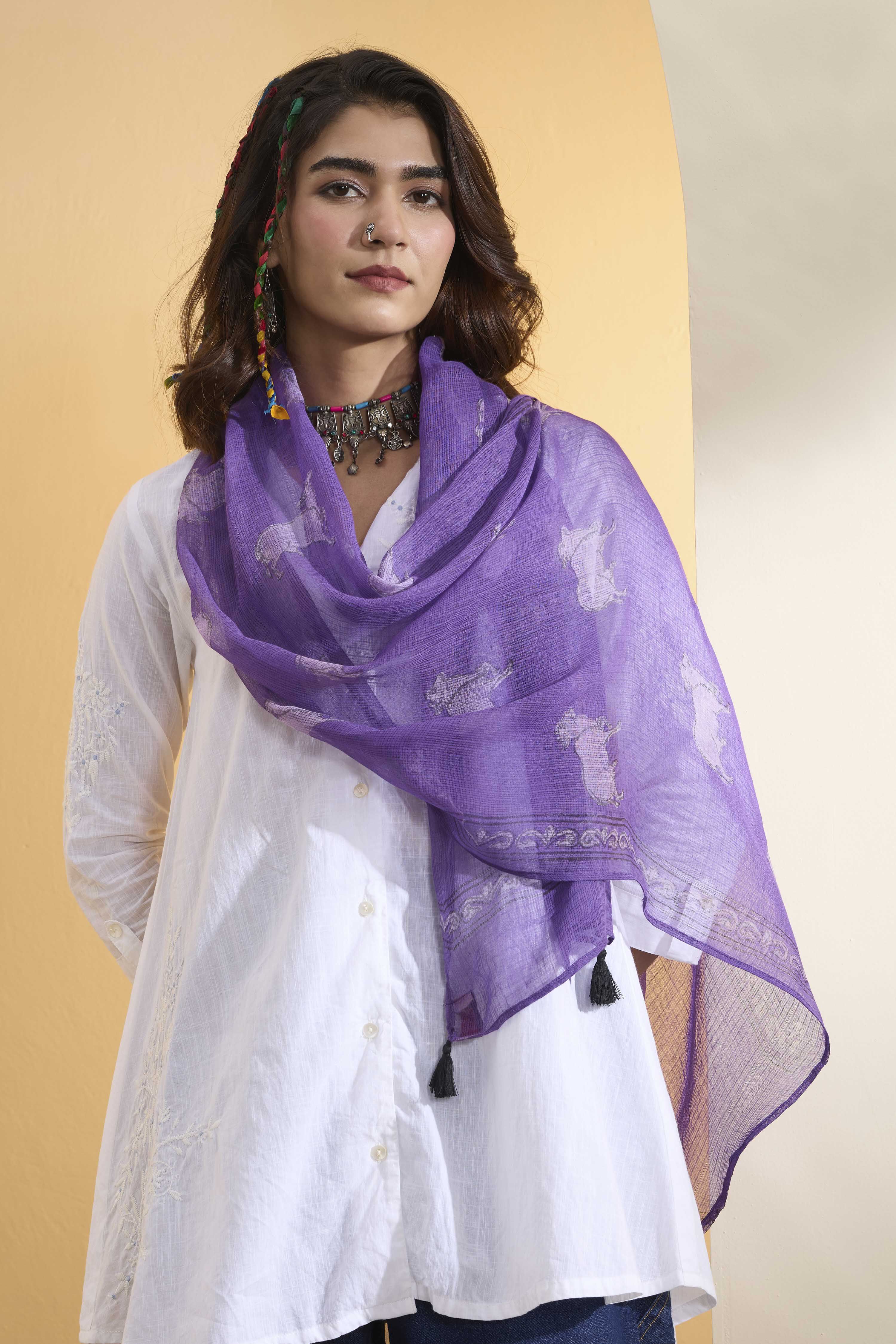 Purple Kota Doria Traditional Print Dupatta image number 1