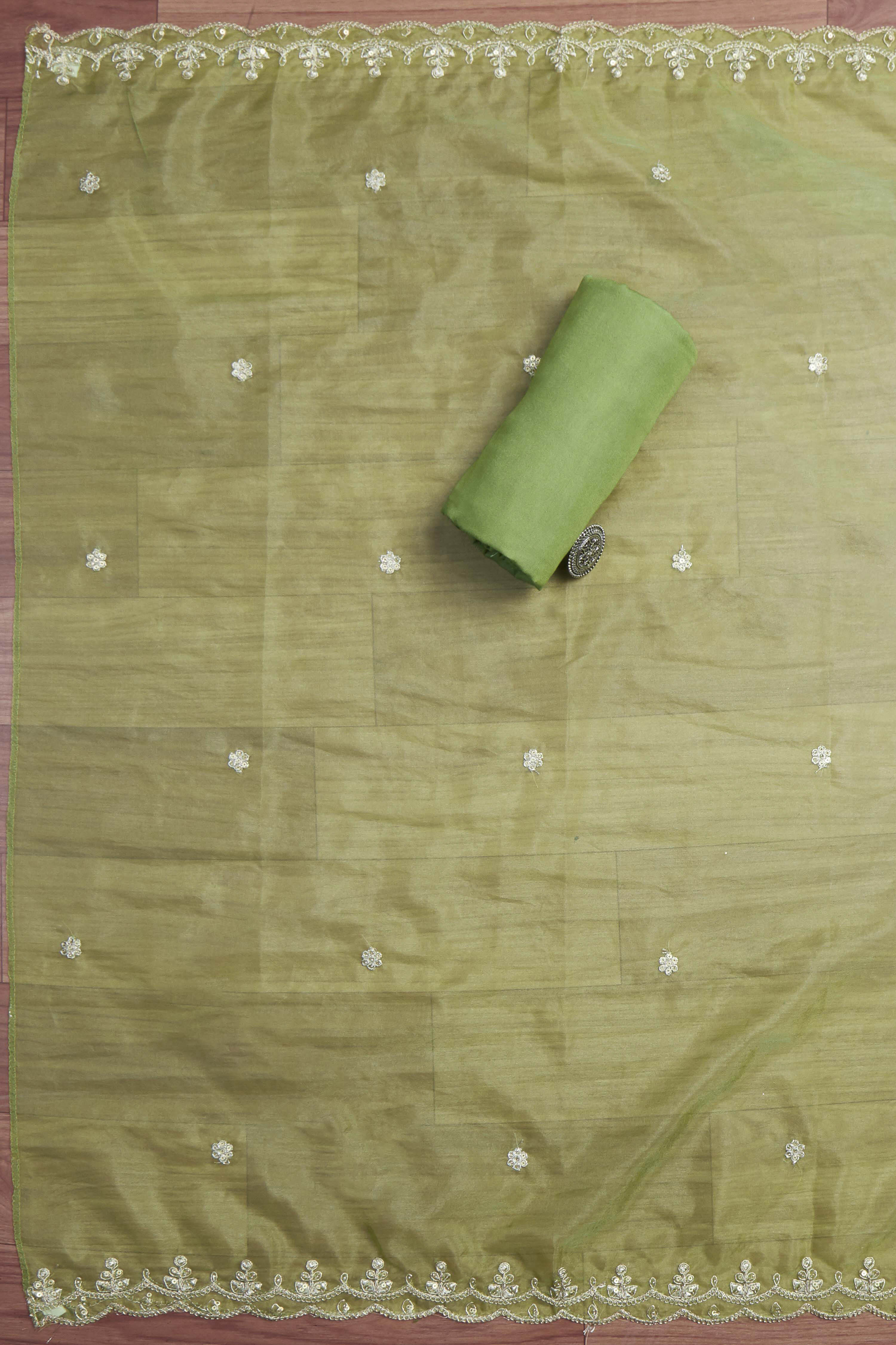 Pink Organza Rajasthani Print Unstitched Suit Set image number 3