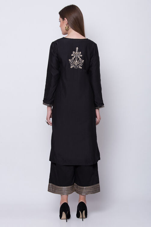 Black Cotton Silk Straight Kurta Palazzo Suit Set image number 4