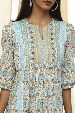 Blue Cotton Floral Printed Tiered Dress image number 1
