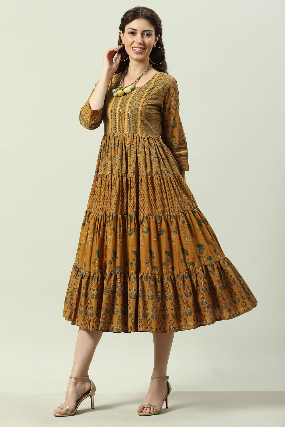 Ochre Cotton Printed Flared Tiered Dress image number 2
