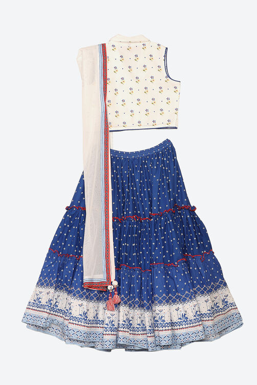 Off White And Blue Cotton Lehenga Set image number 2