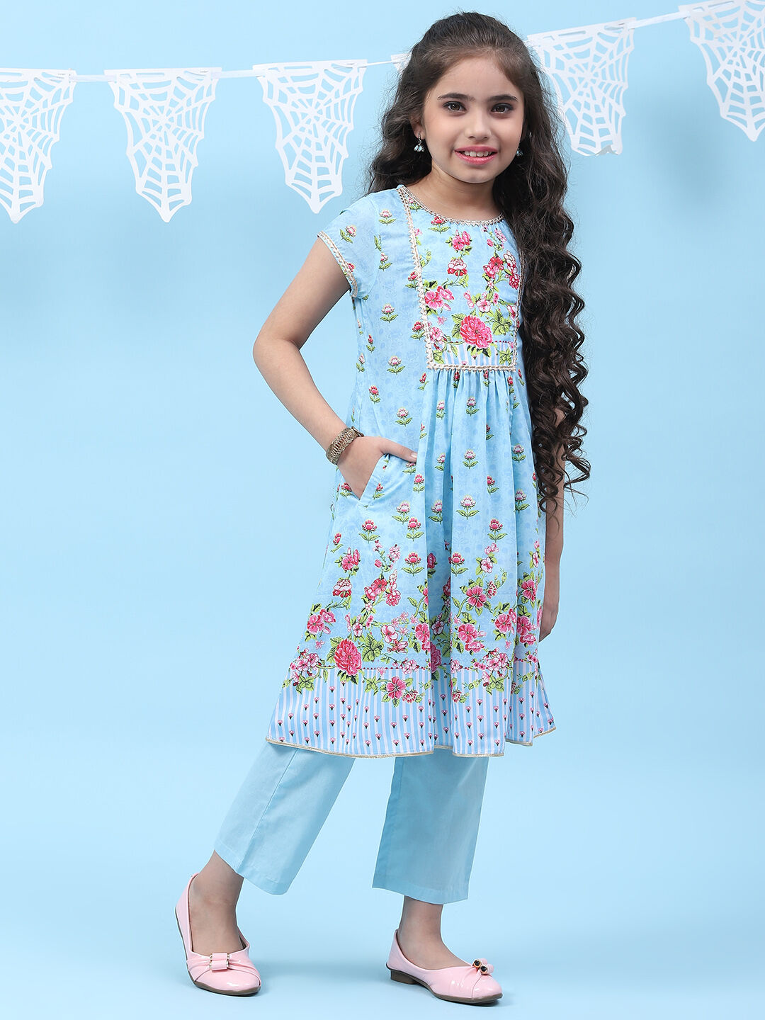 Sky Blue Art Silk Straight Printed Kurta Set image number 3