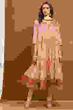 Ecru Cotton Printed Tiered Anarkali Suit Set image number 6