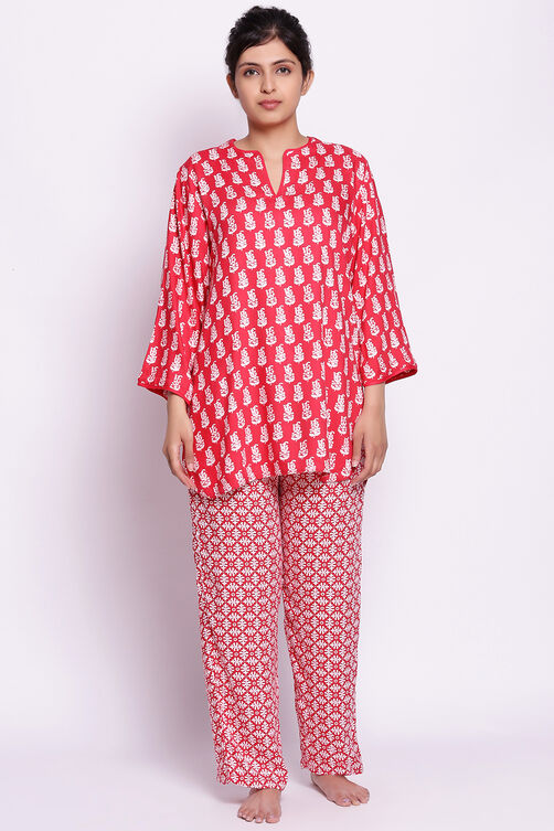Dark Pink Cotton Printed Loungewear Set image number 2
