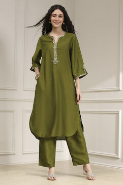 Olive Green Dyed Straight Kurta Set image number 6