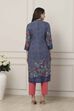 Indigo Blue Floral Printed Straight Kurta image number 3