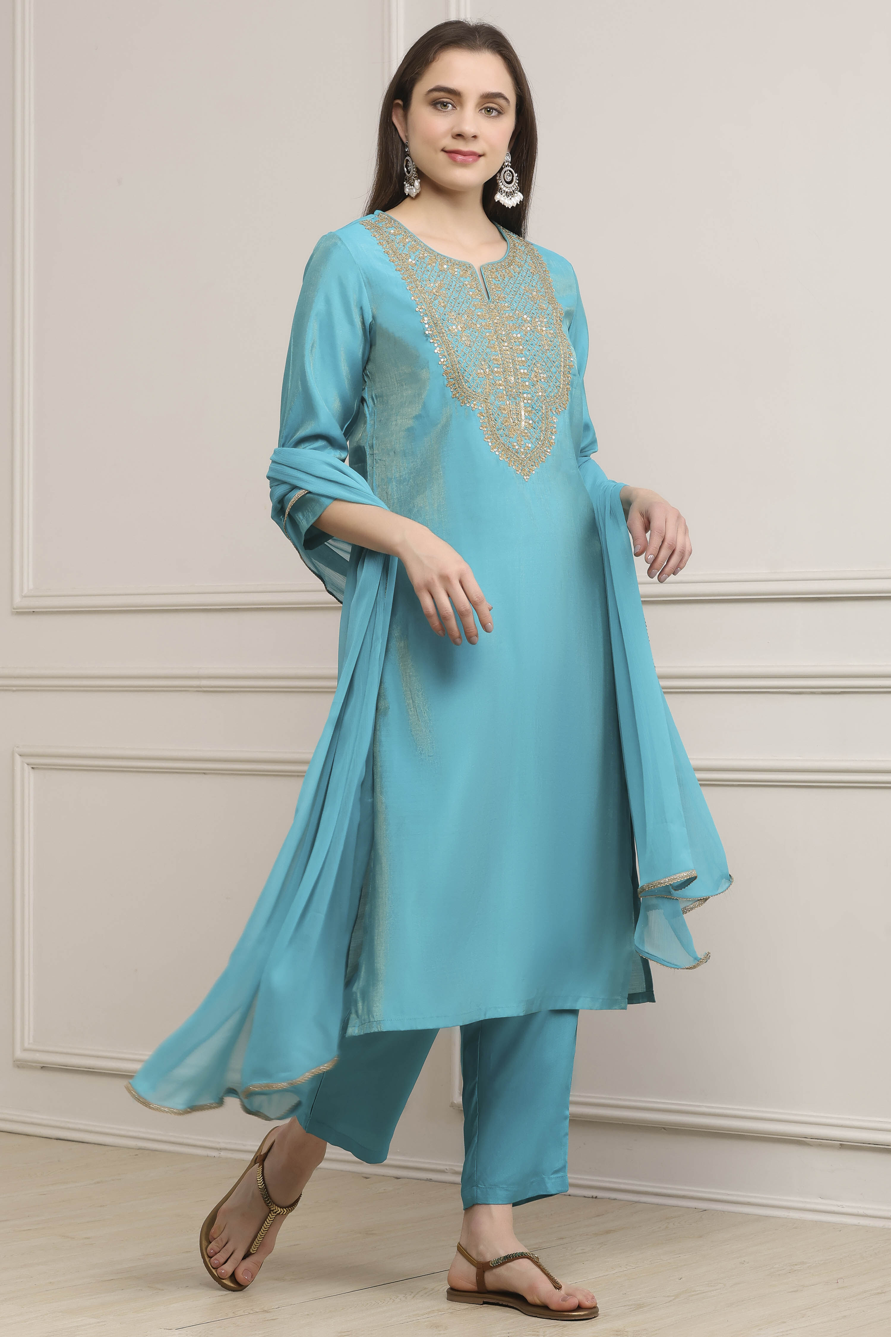 Turquoise Viscose Rayon Straight Suit Set image number 5