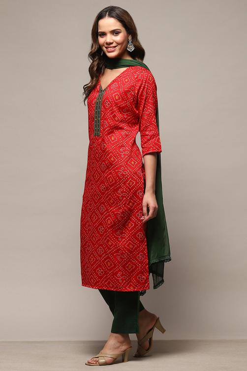 Red Satin Unstitched Suit Set image number 5