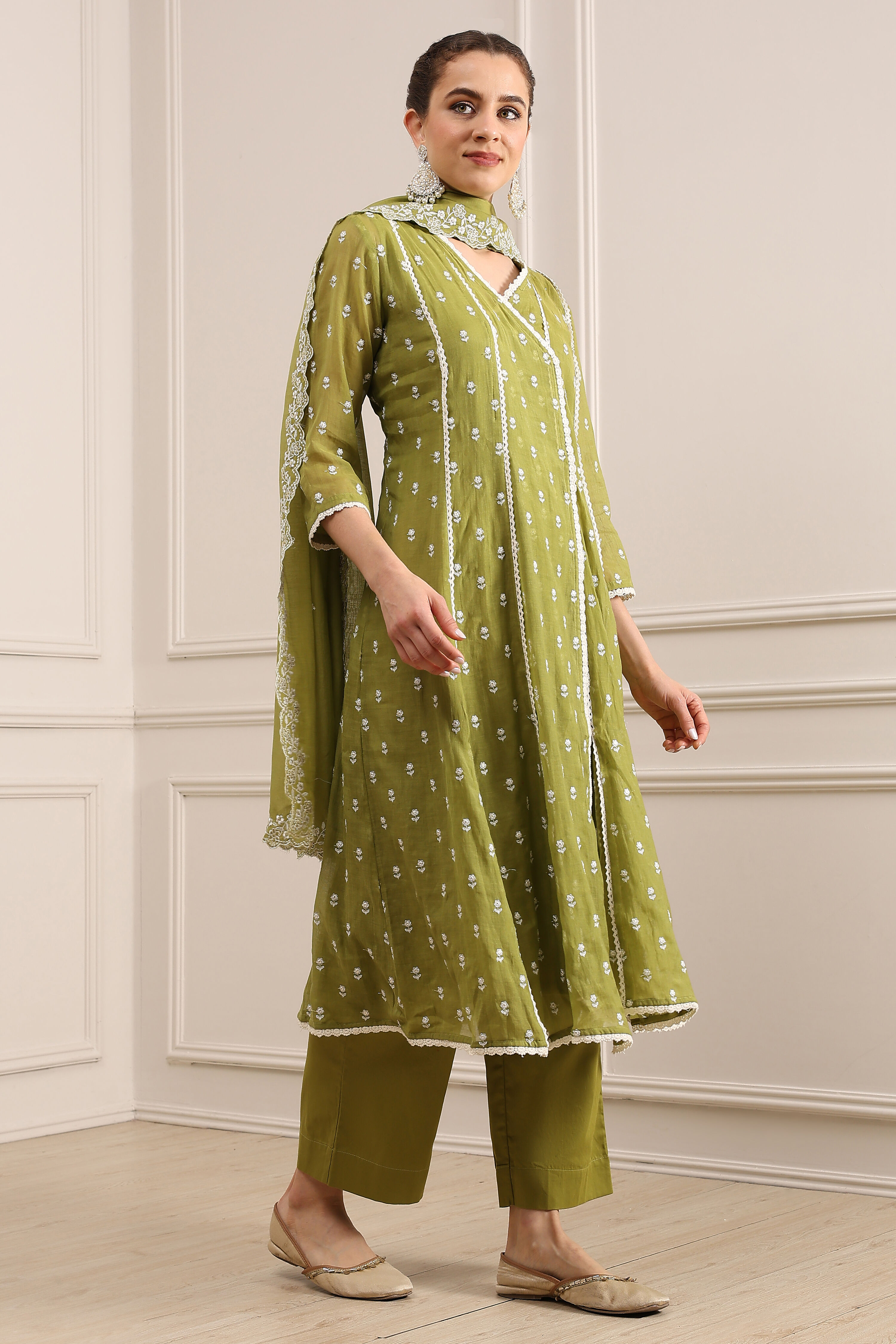 Mehndi Green Chanderi Embroidered Kalidar Suit Set image number 2