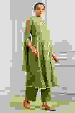 Mehndi Green Chanderi Embroidered Kalidar Suit Set image number 2