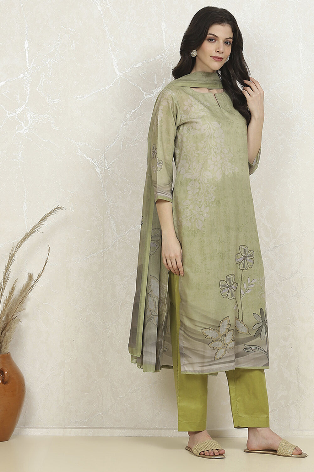 Green Cotton Printed Embroidered Unstitched Suit Set image number 6