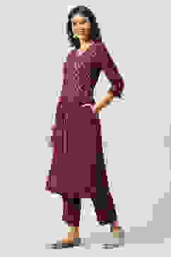 Plum Printed Rayon Straight Kurta Regular Pants Suit Set image number 0