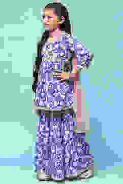 Blue Printed Cotton Peplum Kurta & Garara With Net Dupatta image number 4