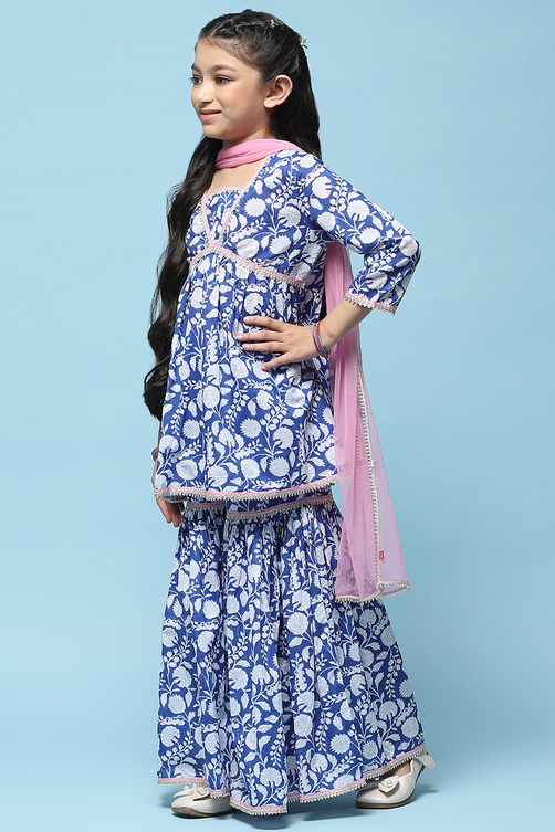 Blue Printed Cotton Peplum Kurta & Garara With Net Dupatta image number 4