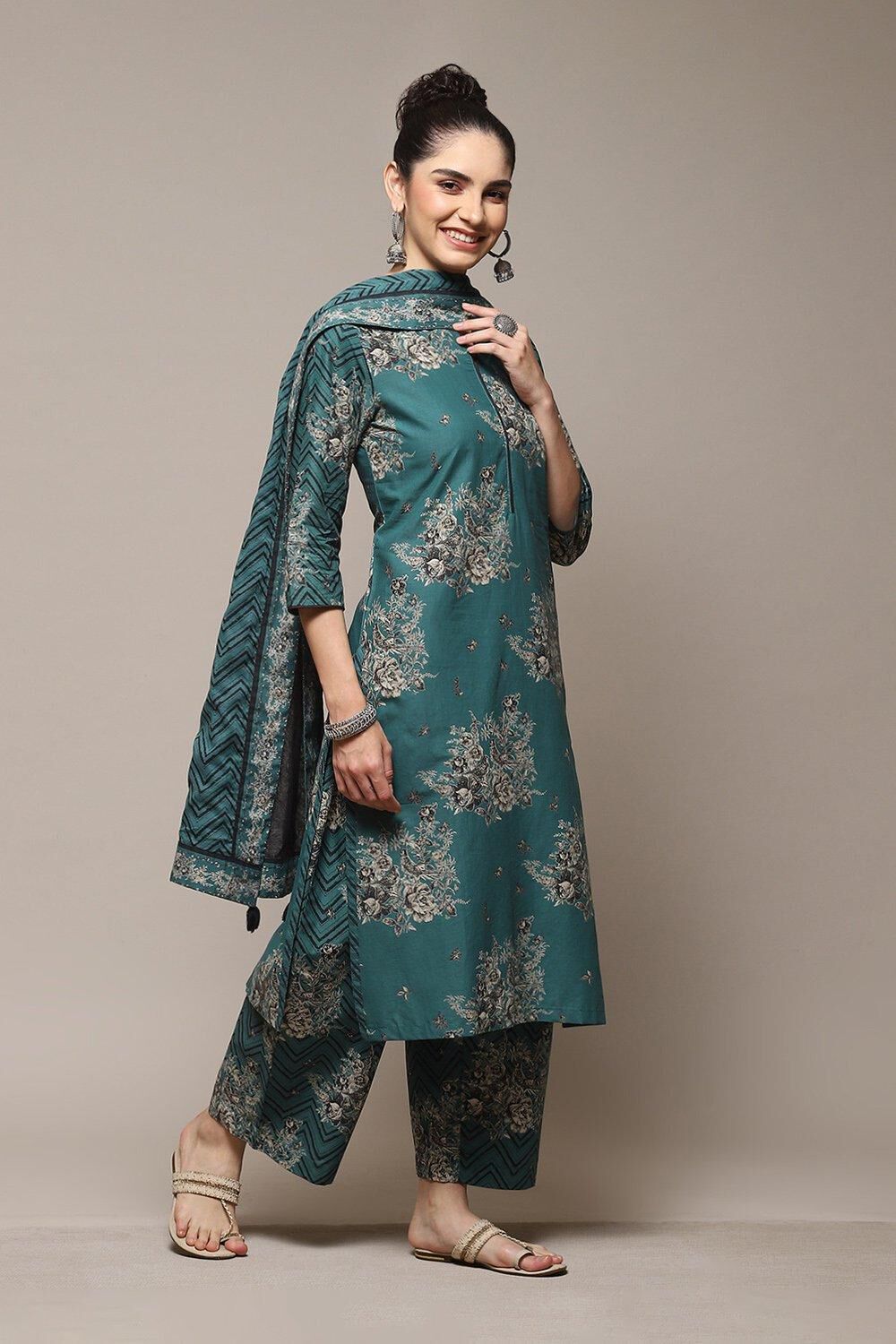 Indigo Cotton Straight Printed Kurta Palazzo Suit Set image number 6