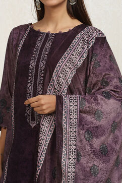 Purple Velvet Digital Print Unstitched Suit Set image number 8
