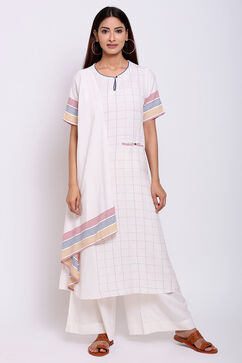Off White Cotton A-Line Kurta Flared Palazzo Suit Set image number 2