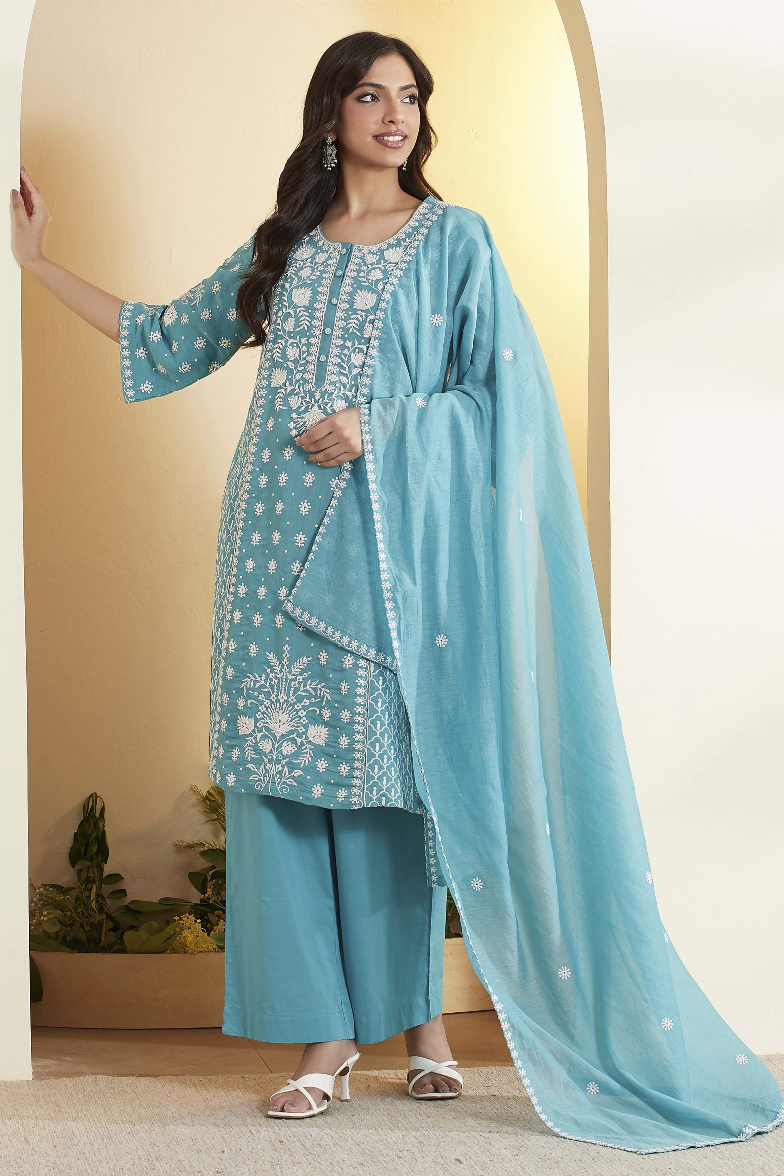 Teal Blue Viscose Blend Embroidered Straight Kurta Set image number 0