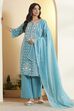 Teal Blue Viscose Blend Embroidered Straight Kurta Set