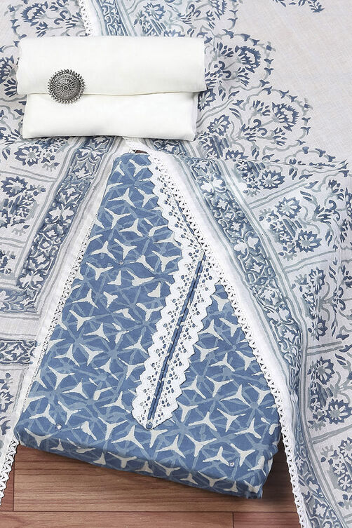 Blue and White Cotton Hand Block Unstitched Suit Set image number 0