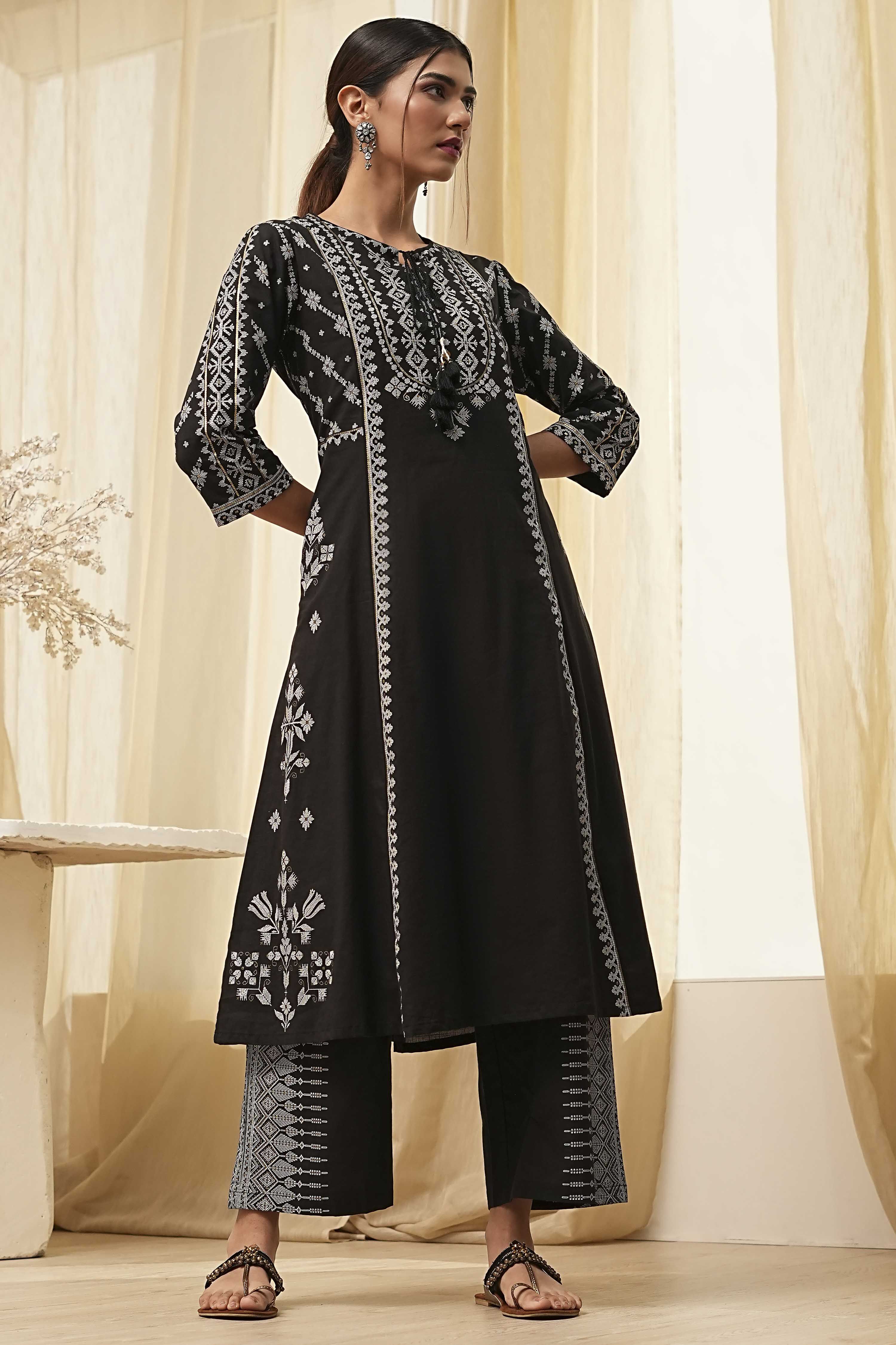 Off-White Pure Cotton Printed A-line Kurta Set image number 0