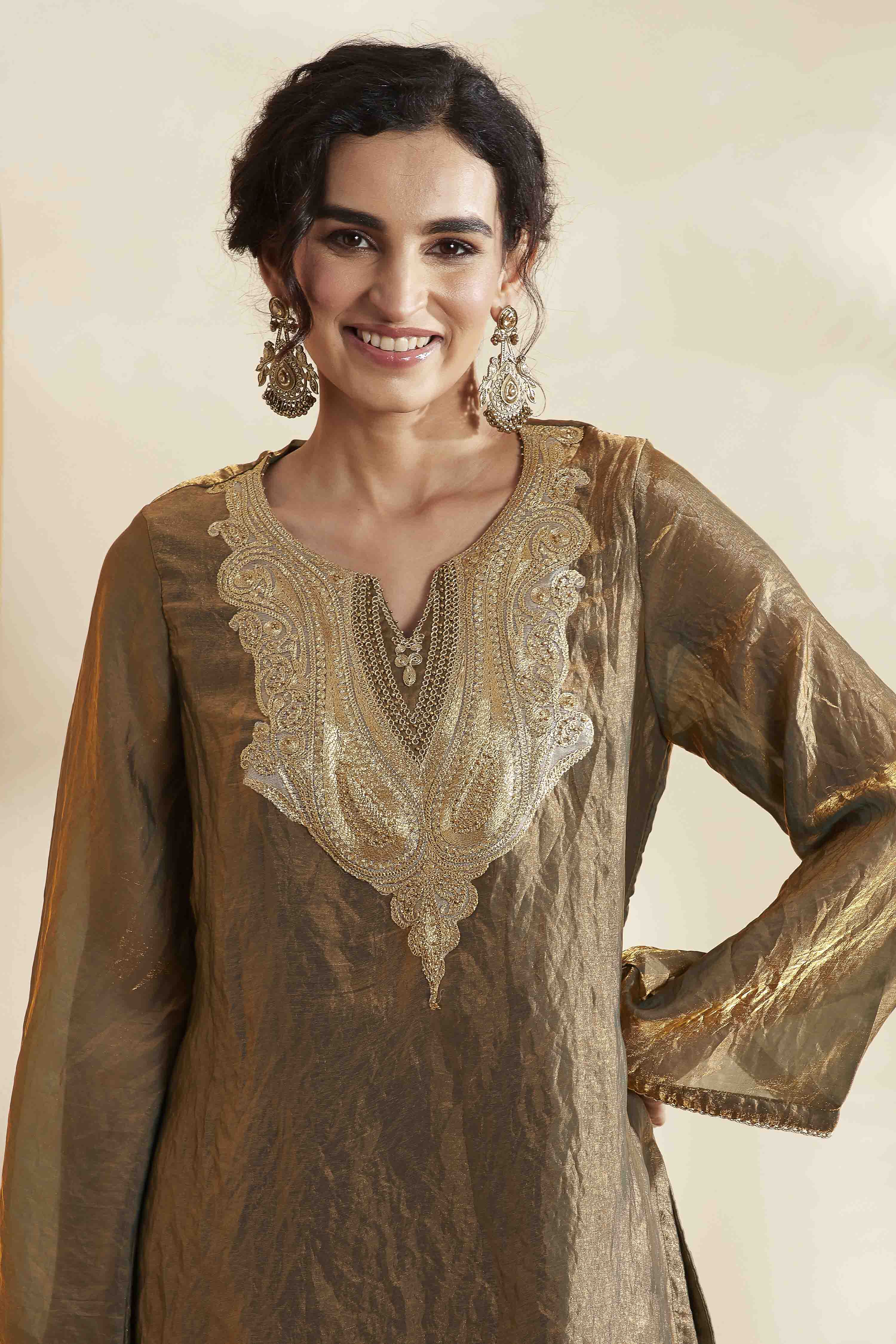 Green Metallic Yoke Design Kurta Set image number 1