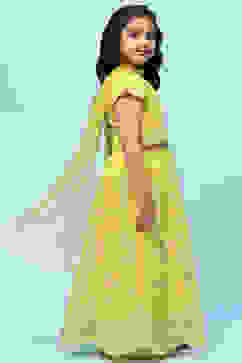 Lime Yellow Poly Chanderi Floral Lehenga Set image number 6