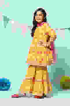 Yellow Cotton Gathered Printed Kurta Sharara Suit Set image number 1