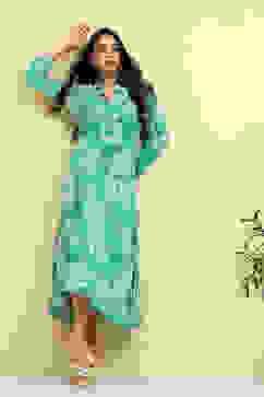 Cyan Blue Floral Printed Shirt Style A-line Dress image number 0