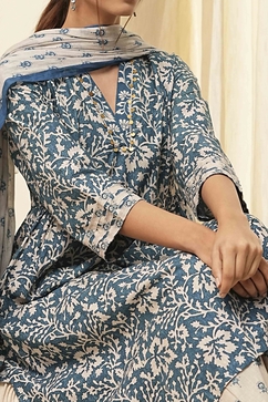 Indigo Cotton Printed Gathered Suit Set image number 1