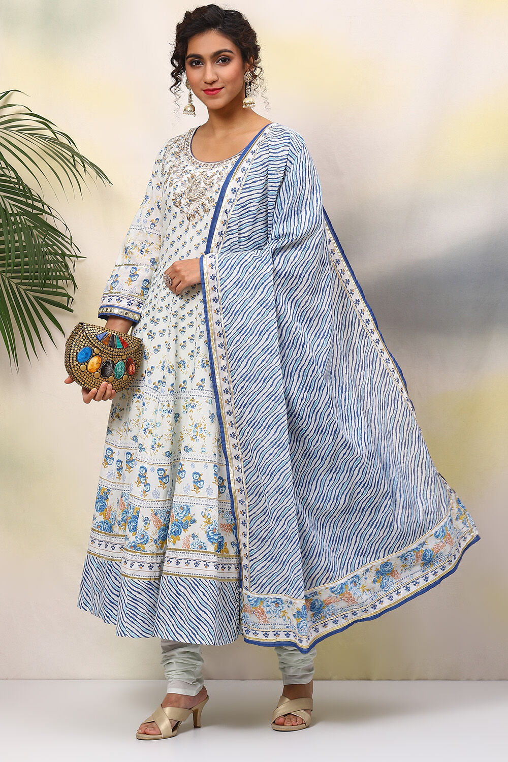 Ivory Cotton Anarkali Kurta Churidar Suit Set image number 7