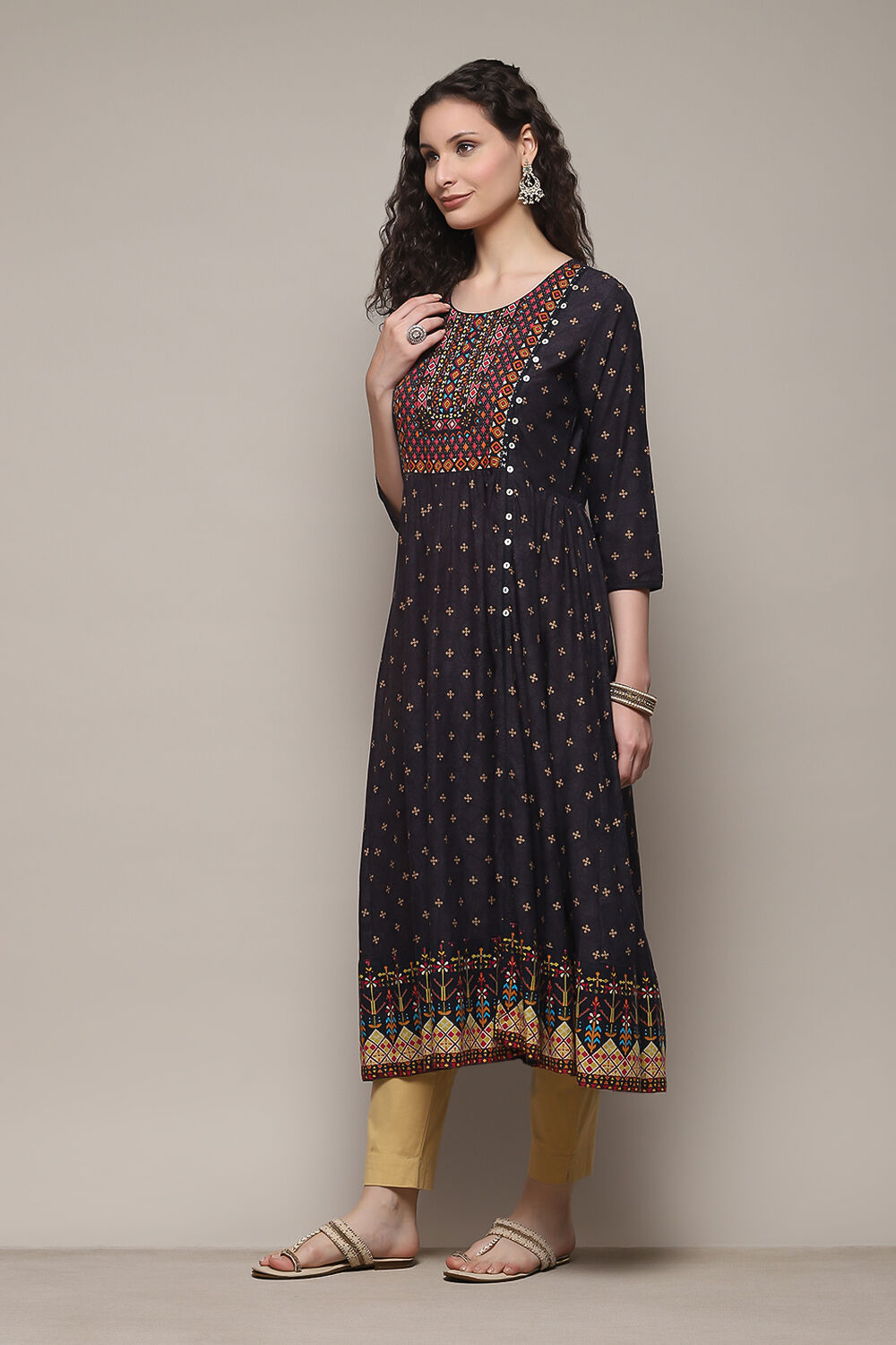 Green Cotton A-Line Printed Kurta image number 2