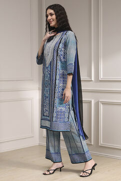 Blue Cotton Printed Straight Suit Set image number 3